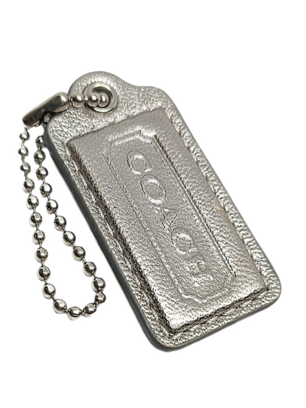 🩶 2" Medium Coach Y2K Metallic Silver Leather Hang Tag Bag Fob Keychain RARE